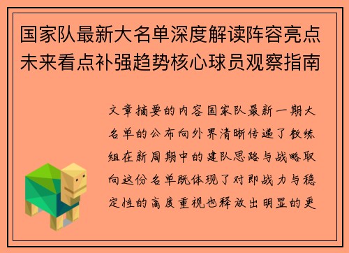 国家队最新大名单深度解读阵容亮点未来看点补强趋势核心球员观察指南
