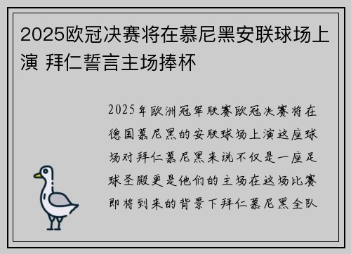 2025欧冠决赛将在慕尼黑安联球场上演 拜仁誓言主场捧杯
